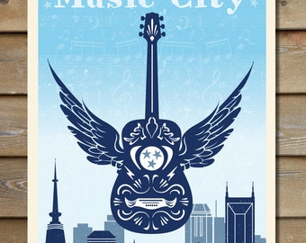 Nashville Skyline Art , Music City Print, Guitar Wall Art, Nashville TN Art Print