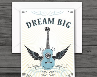 Nashville Dream Big carte de correspondance, carte de correspondance guitare avec ailes, carte de mélomanes, cartes de voeux vierges toutes occasions, cartes de correspondance vierges