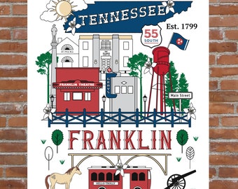 Franklin TN, impression d'art de la ville, affiche de voyage dans le Tennessee, décoration d'intérieur rustique
