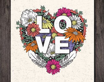 Love Floral Art Print, Artwork coloré, Maison - Décor vivant, Valentines Cadeaux, Cadeaux pour elle, Cadeau de mariage, Cadeau d’anniversaire
