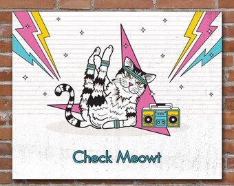 Impression d’art de chat d’entraînement des années 80, Check Meowt, chat mignon, cadeau d’amant de chat