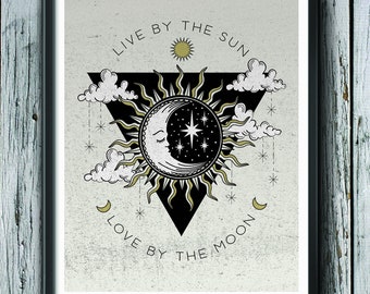 Sun & Moon Love Art Print, Live by the Sun Love by the Moon, Decoración del hogar y la oficina, Celestial Quote Poster, Star Wall Art, Negro y Oro