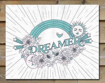 Dreamer Art Print, Sun, Moon, Stars, Rainbow Art, Celestial Design, Dream Artwork