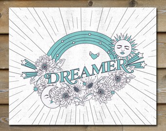 Impresión de arte soñador, sol, luna, estrellas, arte arco iris, diseño celestial, arte de ensueño