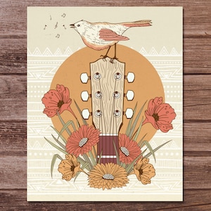 Songbird Guitar Art Print, Music Lover Gift, Rustic Home Decor, Floral Wall Art, Musician Gifts, Bird Lover Artwork, Home & Living