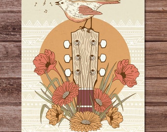 Songbird Guitar Art Print, Music Lover Gift, Rustic Home Decor, Floral Wall Art, Musician Gifts, Bird Lover Artwork, Home & Living