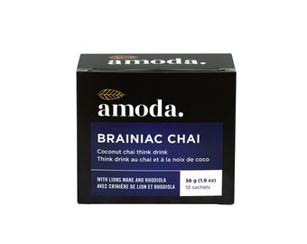 Lion's Mane Coconut Chai Latte with Rhodiola & Bacopa - An energizing and caffeine-free think drink - Brainiac Chai by Amoda - 10 sachets.