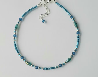 Blue & Green Seed Bead Anklet: Crystal Ankle Bracelet