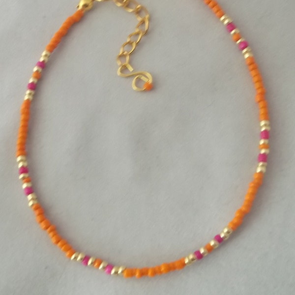 Orange, Pink and Gold beaded anklet, seed bead anklet, beach anklet, boho anklet, plus size anklet, beach jewellery, beaded anklet