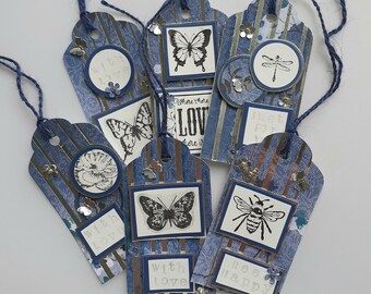 Handcrafted Butterfly & Bee Gift Tags: Silver Metallic Card, Set of 6