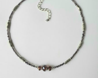 Purple Crystal Beaded Choker: Boho Glass Necklace