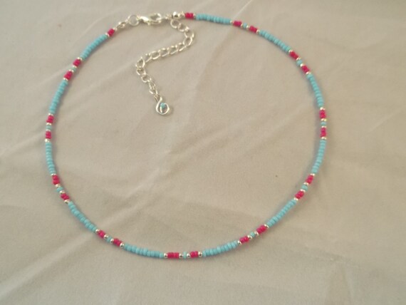 Pink and Blue Beaded Choker Necklace Seed Bead Choker Festival