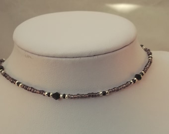 Purple Crystal Beaded Choker: Boho Glass Seed Bead Necklace