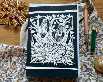 Owl anniversary card | Owl card | Thinking of you card | Nature illustrated card | Owls | Owl gift | Lino cut card | Lino cut design