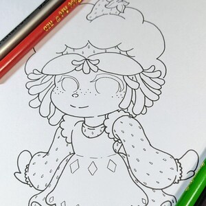 Mignonne fille aux fraises dessinée à la main Coloriage - fichier numérique pour téléchargement immédiat -