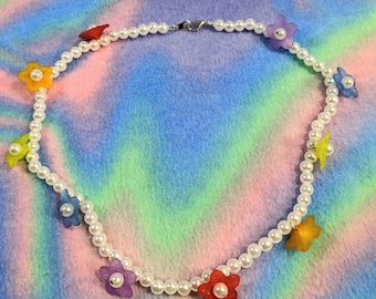 Rainbow Pearl Flower Necklace