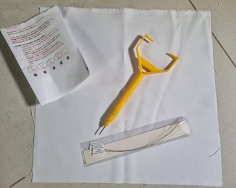 British Made Yellow Punch Needle Tool: with Threaders & Twill Sample