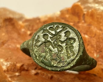 Anello medievale con rappresentazione di Adamo ed Eva, anello antico, anello, anello romano, anello religioso, biblico, Adamo ed Eva, bronzo