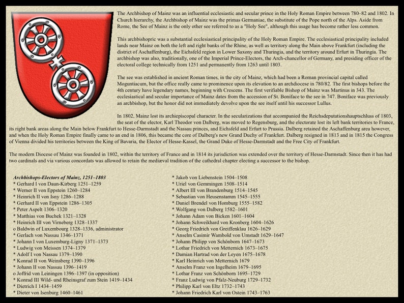 Pu&ograve; includere: Uno scudo rosso con due ruote dorate e una croce dorata al centro. Lo scudo &egrave; circondato da un bordo bianco. Il testo "Archbishops-Electors of Mainz, 1251-1803" &egrave; in alto nell'immagine. Sotto lo scudo c'&egrave; un elenco di nomi e date. Il testo "The Archbishop of Mainz was an influential ecclesiastic and secular prince in the Holy Roman Empire between 780-82 and 1802." &egrave; in alto nell'immagine.