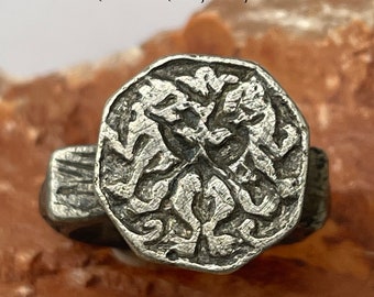 Anello araldico medievale con armonie francesi Le Breton del XVI secolo, anello medievale, anello personale, anello d'argento, anello gotico, anello