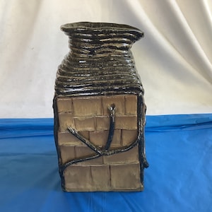 Very Heavy Crock Pottery 10”T x 5”W x 5”D - Designed to Appear as a Serving Jug/Pitcher in a Cross Hatch Basket - In Pristine Condition