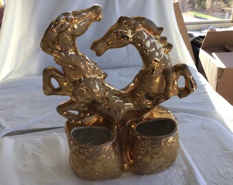 24K Gold Splatter Painted Figurine/Planter - Two Warring Stallions - 9.5”T x 8.5”W x 4.75”D