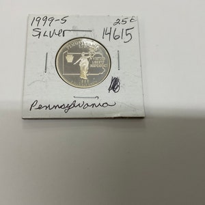 1999-S Washington Quarter. Silver Proof. Pennsylvania. Coin no 14615 in a protective 2 X 2