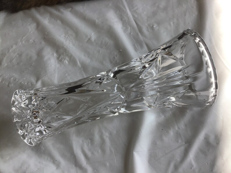 From an Estate Beautiful 6\u201dT Lead Crystal Vase Dimpled Top Edge 3 Panels of the Sun Shining Brightly over Tall Palm Trees