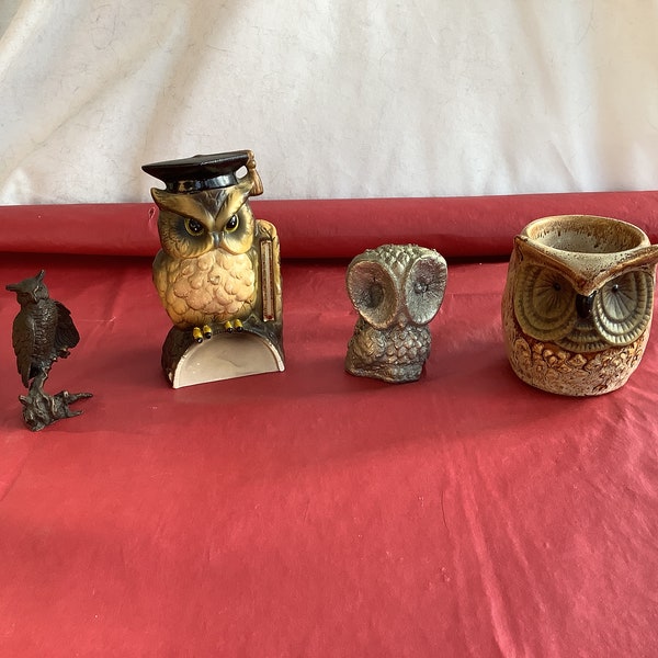 Lot of 4 - Owl Figurines - Tallest = 5.5”T-Shortest = 3.5”T - Two = Cast Iron, Two = Ceramic - One Can Burn Incense - One Has a Thermometer