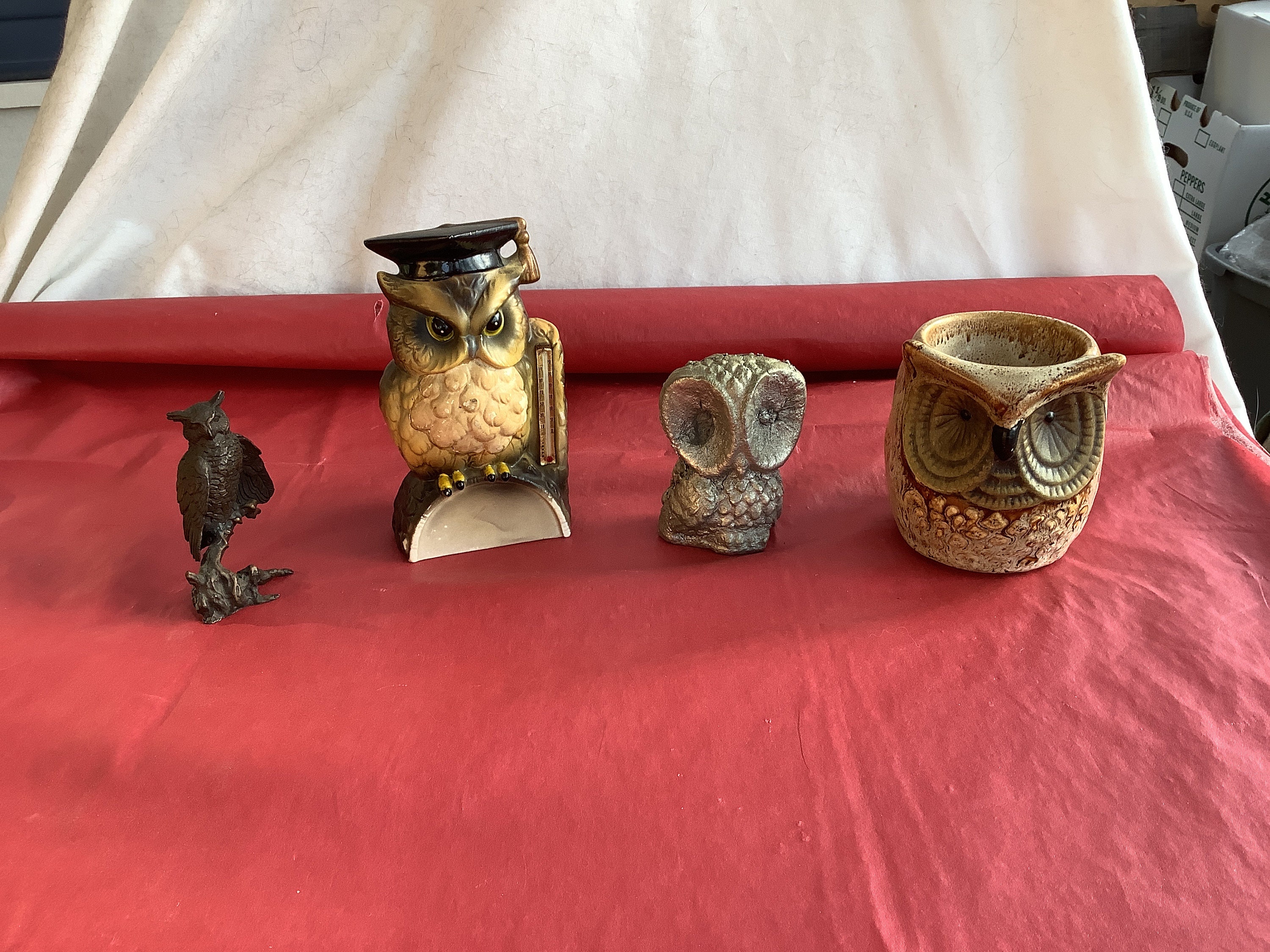 Lot of 4 - Owl Figurines - Tallest = 5.5&rdquo;T-Shortest = 3.5&rdquo;T - Two = Cast Iron, Two = Cer