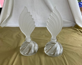 Pair - Frosted and Clear Swirled Glass Perfume Bottles with Large Feather Stoppers - 7’T
