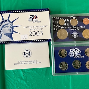 2003-US Mint Proof Set-Incl S-Mint Sacagawea Dollar, Kennedy Half, 5 State Quarters (Desc), Dime, Nickel, Penny, COA-Sealed in Cases-No 2