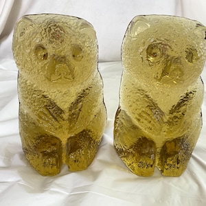 Pair of Mid-Century Modern - Pale Gold Blenko Art Glass “Gummy” Bear Bookends - Originally Designed by Joel Myers