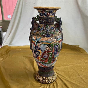 Vintage - Satsuma Japanese Pottery Temple Urn/Vase With a 3-D Painted Depiction of 3 Holy Men - 11.75”T x 5”W x 5”D