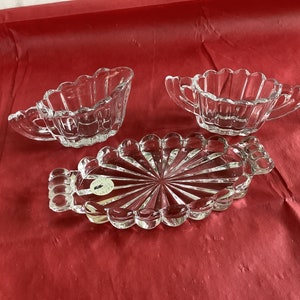 Heisey Art Deco Crystolite 3-Piece Set - Open Top Sugar w/2 Handles-Creamer w/1 Handle & Spout-Tray w/2 Side Handles