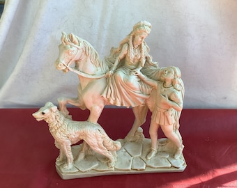 Large Ivory-Colored Resin Statue - Lady with Cloth Crown & Flowing Cloth Veil Sitting Side Saddle on Horse-Peasant Man Pledging His Love…