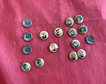 Lot of 16 - 1945 Kellogg's PEP Comic Strip Pin Back Buttons - See