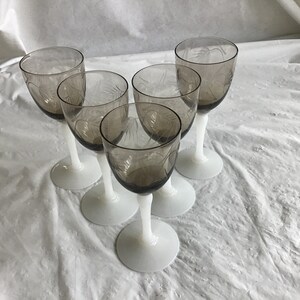 Lovely Set of 5 - Cordial/Aperitif Crystal 5.75”T Glasses - Stems are Opaque MilkyWhite - Bowls are Smoked Crystal w/Delicate Etched Pattern