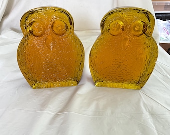 Pair of Mid-Century Modern - Golden-Color Blenko Art Glass Owl Bookends - Originally Designed by Joel Myers