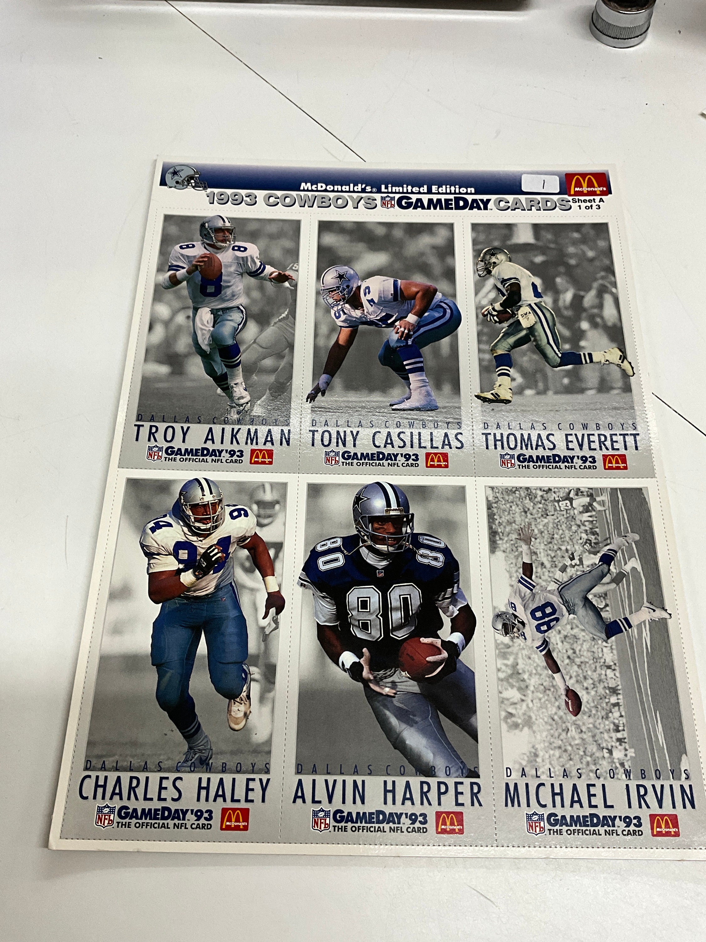 1993 Dallas Cowboys Gameday Cards, All 3 Sheets, Mcdonalds Limited