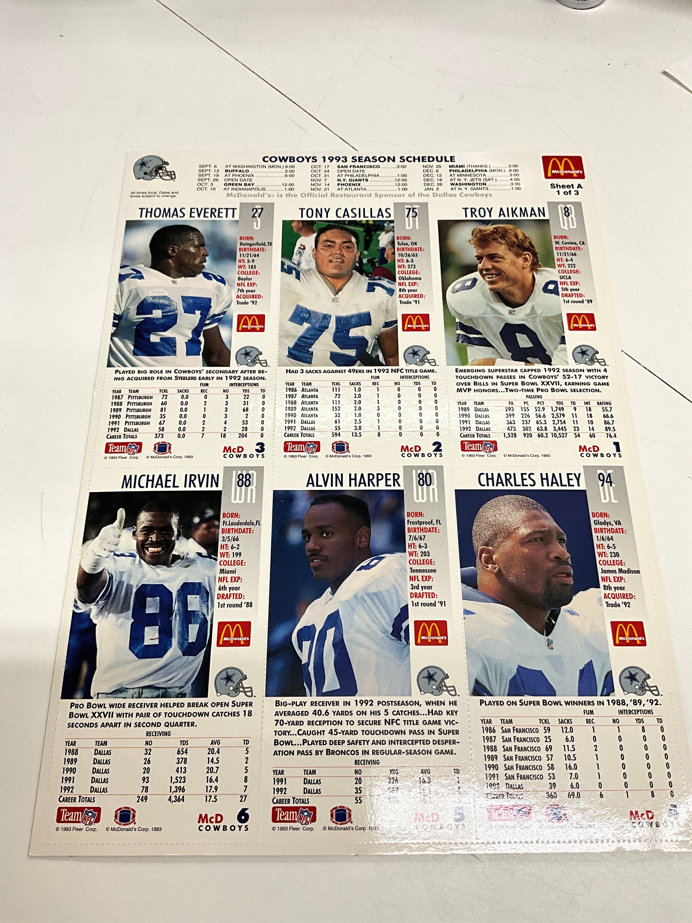 1993 Dallas Cowboys Gameday Cards, All 3 Sheets, Mcdonalds Limited