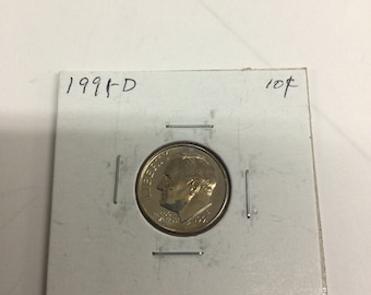 1991-D Roosevelt Dime Coin, Coin No. 14420, In Protective 2x2