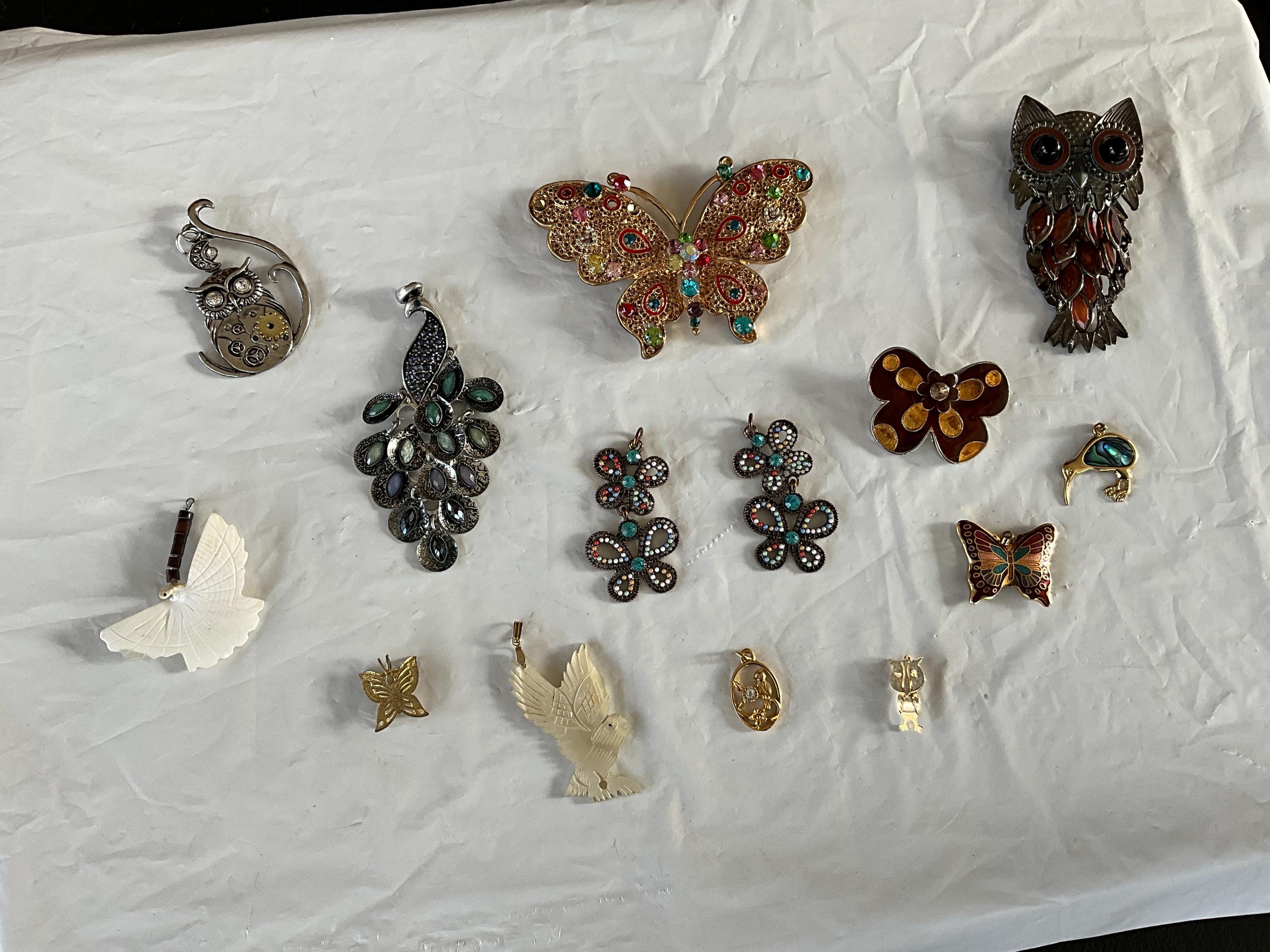 Birds-Owls-Butterflies are Featured in this Collection of Costume Jewelry Pendants Enhanced- Bag 221