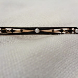 Antique Art Nouveau 14K Gold/Black Enamel/Seed Pearls Pin Ornate Nouveau Cut Out Design with Flower