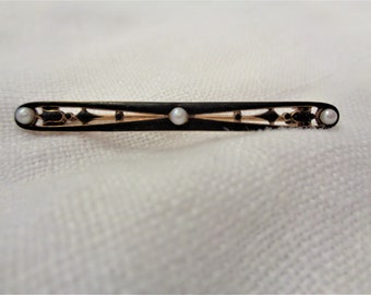 Antique Art Nouveau 14K Gold/Black Enamel/Seed Pearls Pin Ornate Nouveau Cut Out Design with Flower
