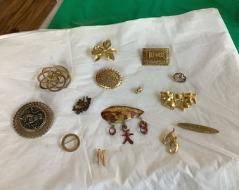 Eclectic Collection of 14 Goldtone Costume Jewelry Brooches/Pins - Incl Initials-Zodiac Signs-Claddaughs-Fleur de Lis - Bag No 624