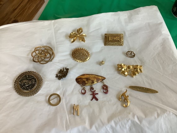 Eclectic Collection of 14 Goldtone Costume Jewelr… - image 1