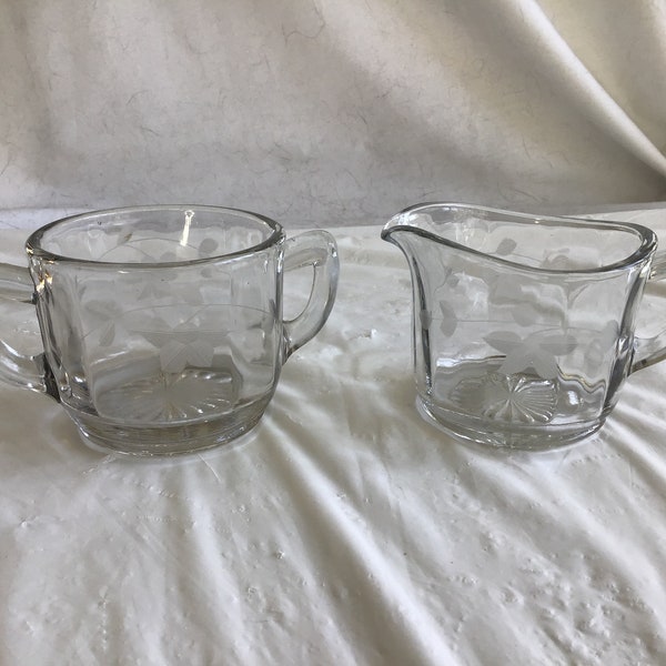 Beautiful Heavy Lead Crystal Sugar and Creamer Set - Clean Lines - Lovely Embossed Frosted Floral Design- Sunburst Bottoms