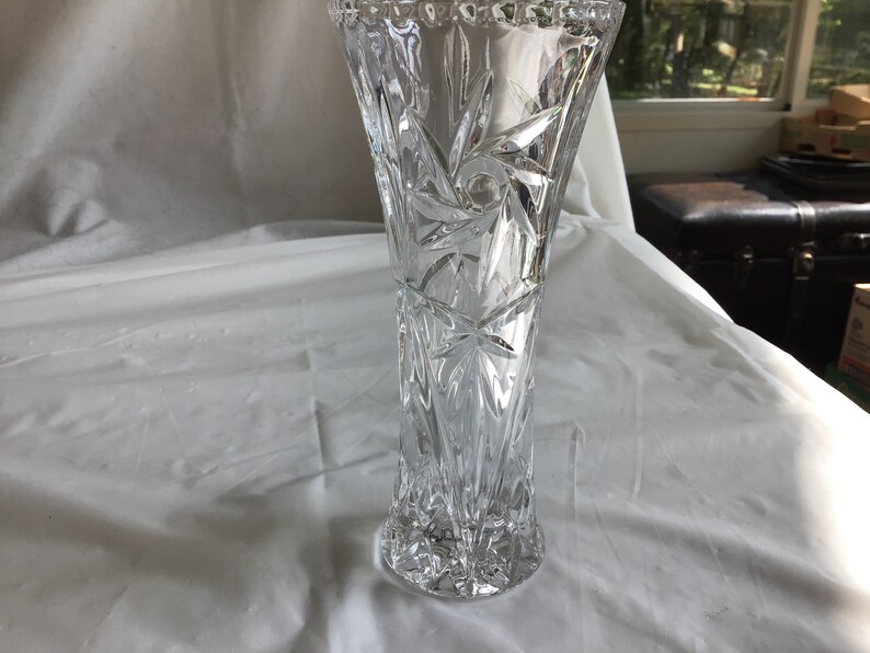 From an Estate Beautiful 6\u201dT Lead Crystal Vase Dimpled Top Edge 3 Panels of the Sun Shining Brightly over Tall Palm Trees