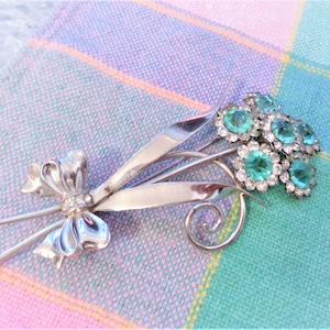 Vintage Retro Sterling/Aqua Rhinestones Floral Brooch/Pin